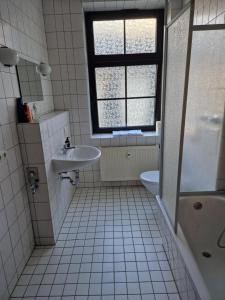 a bathroom with a sink and a toilet and a window at Gästezimmer North Carolina in Chemnitz in Chemnitz
