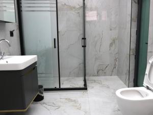 a bathroom with a shower and a toilet and a sink at Çalışkan Otel in Havza +1 photo