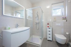 a bathroom with a shower and a sink and a toilet at VIRCATION Apartments in Vir