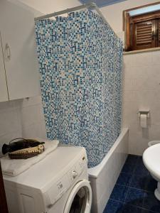 a bathroom with a washing machine and a shower curtain at Villa Fiore in Cerreto di Spoleto