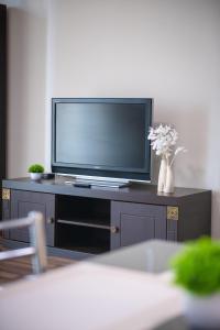 a flat screen tv sitting on a table with a vase of flowers at Cozy stay rentals- cozy & sweet 1 BR apartment in Tbilisi with city & mountains view in Tbilisi City