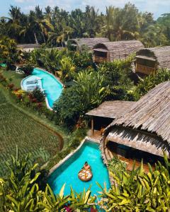 een luchtfoto van een resort met zwembad bij Beehouse Dijiwa Ubud in Ubud