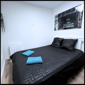a bedroom with a black bed with two blue pillows at SQ'Loft "Best Quality" in Saint-Quentin +16 photos