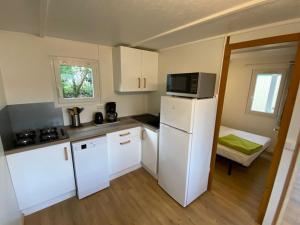 a small kitchen with a refrigerator and a microwave at Chalet Cozy avec Terrasse - 2 Chambres - API-1-52-340 in Gurmençon