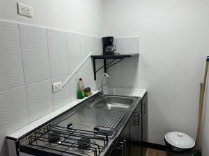 a kitchen with a sink and a stove at Apartamentos FM 202 in Líbano