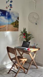 a desk with a laptop computer on top of it at TI BLUE plage à proximité in Les Trois-Îlets