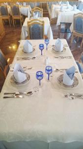 a table with blue plates and napkins on it at Hotel Serena in Selva di Val Gardena
