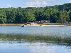 a lake with two boats in the water at Le rêve chrysalide in Masseret