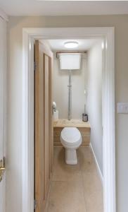 a bathroom with a toilet with a light above it at Cozy Cottage, Wrington in Wrington +20 photos