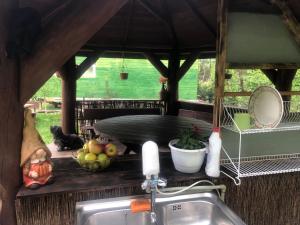 a kitchen counter with a sink and a bowl of fruit at Kemping przy Suntago in Lublinów