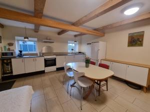 赫尔辛厄Rytterstuen - velindrettet, praktisk og perfekt til håndværkere的房间里有一张桌子和几把椅子的厨房