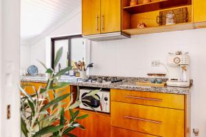 a kitchen with wooden cabinets and a plant at Pijamas House in Gafanha da Encarnação