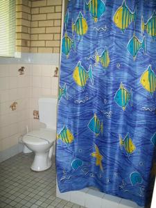 a bathroom with a toilet and a blue shower curtain at Ocean View Villas in Geraldton