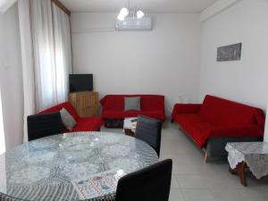 科扎尼Kipseli 1的客厅配有玻璃桌和红色沙发