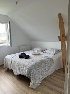 a bedroom with a bed with a blanket and a window at Maison in Bolleville