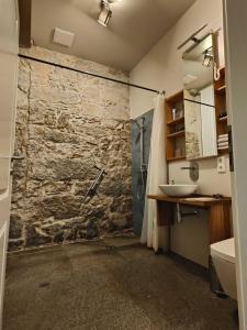 La salle de bains est pourvue d'un mur en pierre et d'une douche. dans l'établissement Ab 1 Pers HexenburgbeiDresden Ausgebauter Pferdestall, Kamin, Terrasse und Faßsauna, Nähe Sächsische Schweiz Dresden, à Großharthau