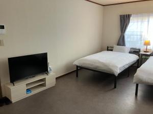 a room with two beds and a flat screen tv at ドラゴンinn in Aomori