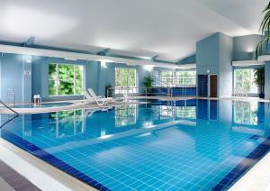 a large swimming pool with blue tiles in a building at Hotel Woodstock Ennis in Ennis