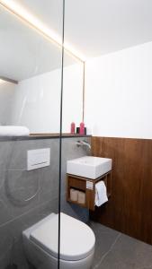a bathroom with a toilet and a sink and a mirror at TIN INN Hückelhoven in Hückelhoven +48 photos
