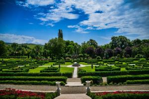 a view of a garden with a fountain at The Knight's Rest in Hunedoara