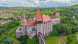 a castle on a hill with a town in the background at The Knight's Rest in Hunedoara +3 photos