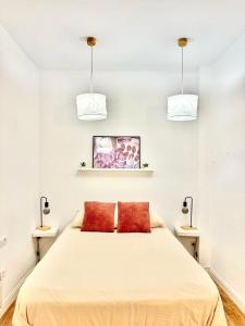 a bedroom with a bed with two red pillows at Apartamento en el corazón de Santa Cruz in Santa Cruz de Tenerife