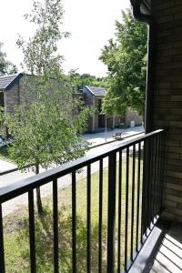 a dog sitting on a balcony of a house at Giruliai Holiday Apartments - XIV by Prime Rentals in Melnragė