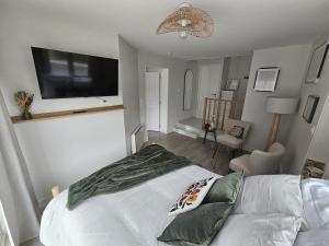 a bedroom with a bed and a flat screen tv at Studio indépendant Le Vast in Le Vast