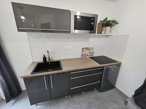 a kitchen with a sink and a microwave at Studio indépendant Le Vast in Le Vast