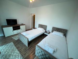 a hotel room with two beds and a television at Mostarlic Motel in Raskršće +8 photos