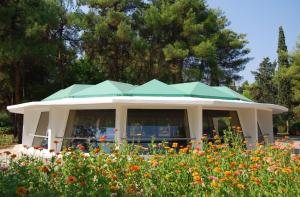 a building with a green roof in a field of flowers at To NEON in Loutra Ipatis +14 photos