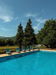 a swimming pool with blue lounge chairs and trees at Heritage Home Ustikolina in Foča +45 photos