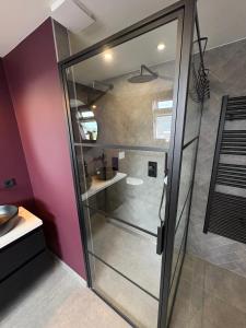 a glass shower in a bathroom with a sink at Maastrichtse buitenwoning in Cadier en Keer +22 photos