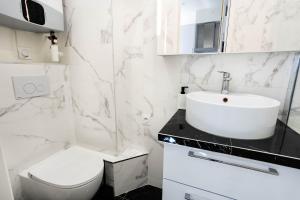 une salle de bain blanche avec un lavabo et des toilettes dans l'établissement Cosy appartement Paris 15, à Paris