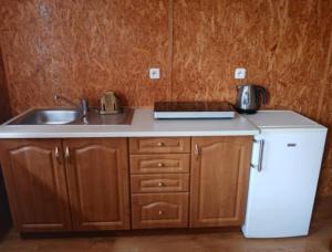 a kitchen with a sink and a counter top at Agroturystyka Spokojna domek 5 osobowy in Pogorzelica