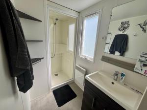a bathroom with a sink and a shower and a mirror at Mobil-home 4-6 personnes proche zoo de beauval in Veuzain-sur-Loire