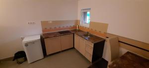 an empty kitchen with a sink and a dishwasher at Pensiunea Fortuna in Sovata