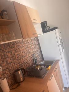 a kitchen with a sink and a counter top at Locuință privată la mare in Schitul