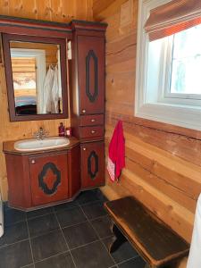 a bathroom with a sink and a mirror at Stor velutstyrt laftehytte med usjenert uteplass, flott utsikt og Jacuzzi in Eggedal +16 photos