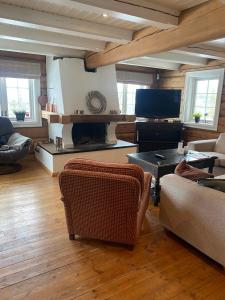 TV a/nebo společenská místnost v ubytování Stor velutstyrt laftehytte med usjenert uteplass, flott utsikt og Jacuzzi