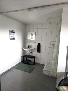 a small bathroom with a sink and a shower at Schwarzwald Lodge EG - Perfekt für Familien in Calw +16 photos
