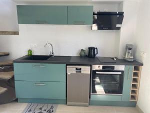 a small kitchen with blue cabinets and a sink at Au coeur de l'oliveraie in Draguignan +4 photos