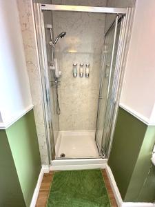 une salle de bain avec douche avec un tapis vert dans l'établissement Cosy Apartment in Edinburgh city centre , 2 bedroom1 Bathroom, à Édimbourg