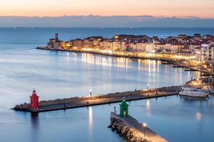 a view of a city with a harbor at night at Studio Apartma Leopold in Piran