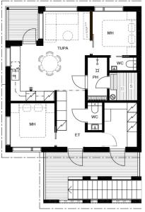 a black and white floor plan of a house at Levin Lyhty Bella by Hilla Villas in Kittilä +40 photos