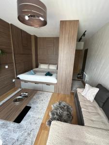 Una habitación con una cama y un perro tirado en el suelo. en Mitra Apartmani, en Zlatibor