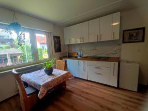 a kitchen with a table with a potted plant on it at Uni nähe Unterkunft mit Garten in Bochum