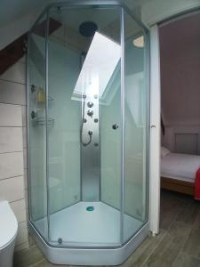 a glass shower with a light in a bathroom at Mbine Senghore in Hérouville-Saint-Clair
