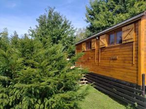 a cabin in the woods with a tree next to it at Charmante roulotte in Collonges-lès-Premières