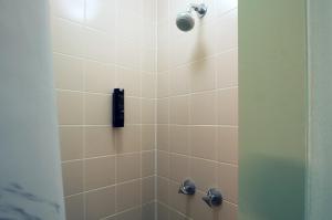 a shower with a glass door with a shower head at Hostel Landgoed de Kalenberg in Barchem +7 photos